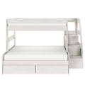White wooden bunk bed with full-size lower bed and twin upper bunk, built-in staircase with storage drawers — modern space-saving kids' loft bed
