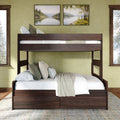 Dark walnut bunk bed with storage drawers in modern rustic bedroom with green textured walls and landscape art