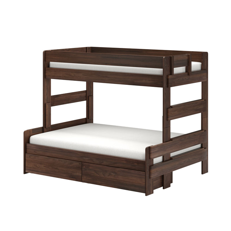 Dark walnut solid wood twin-over-full loft bunk bed with built-in storage drawers, ladder and safety guardrails, modern kids bedroom furniture