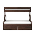 Modern dark walnut wooden loft bed frame with white mattress, ladder, guardrail and built-in underbed storage drawers, space-saving bedroom furniture