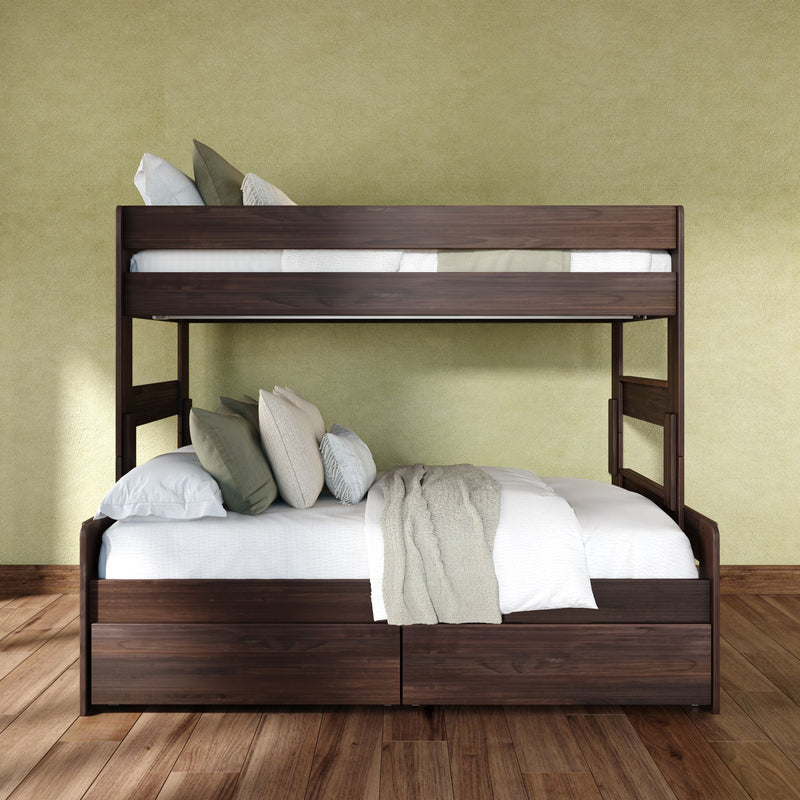 Dark wood bunk bed with built-in storage drawers, white linens and neutral green accent pillows against a textured pale green wall on hardwood flooring