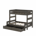 Dark gray wooden bunk bed with ladder, slatted mattress supports and two pull-out storage drawers — space-saving kids' bedroom furniture