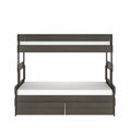 Dark espresso wood twin-over-full bunk bed with white mattresses and two under-bed storage drawers, modern space-saving design for kids' bedroom