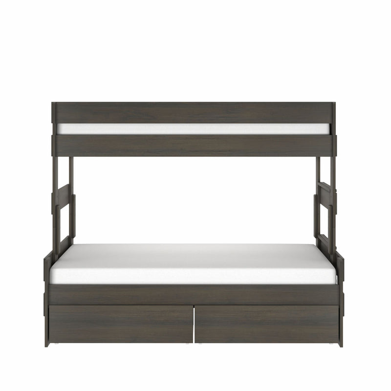 Dark espresso wood twin-over-full bunk bed with white mattresses and two under-bed storage drawers, modern space-saving design for kids' bedroom