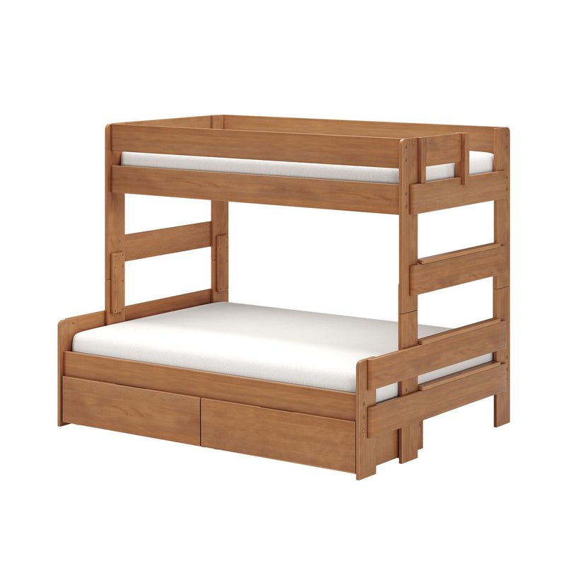 Solid wood bunk bed in natural finish with top guardrails, ladder-style side rails and built-in under-bed storage drawers, modern children's bedroom furniture