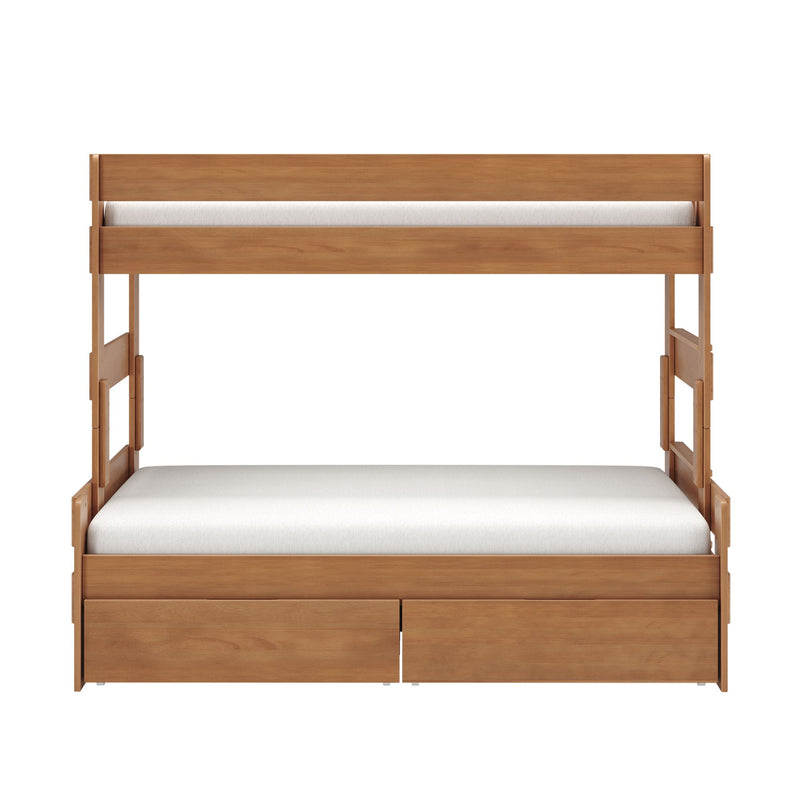 Natural oak wooden loft bed with guardrail and built-in storage drawers, white mattress, space-saving bunk bed for kids and small bedrooms
