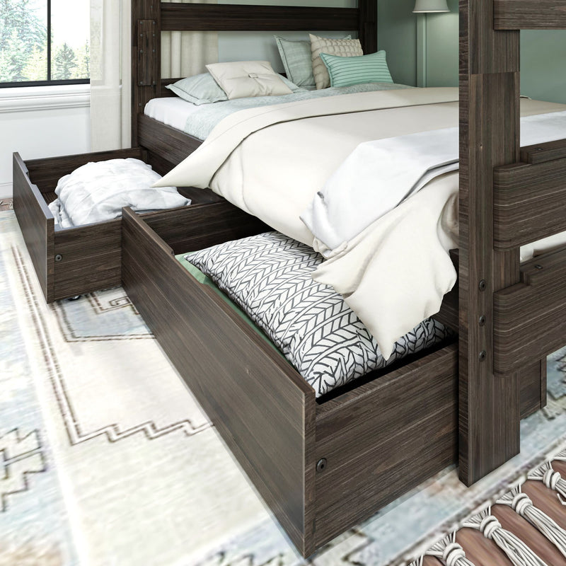 Wooden bed frame with storage drawers featuring cozy, neatly arranged bedding for optimized bedroom organization.