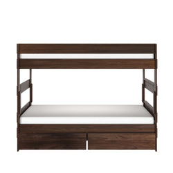 Dark walnut wooden bunk bed with two white mattresses and built-in under-bed storage drawers, modern space-saving bedroom furniture design.