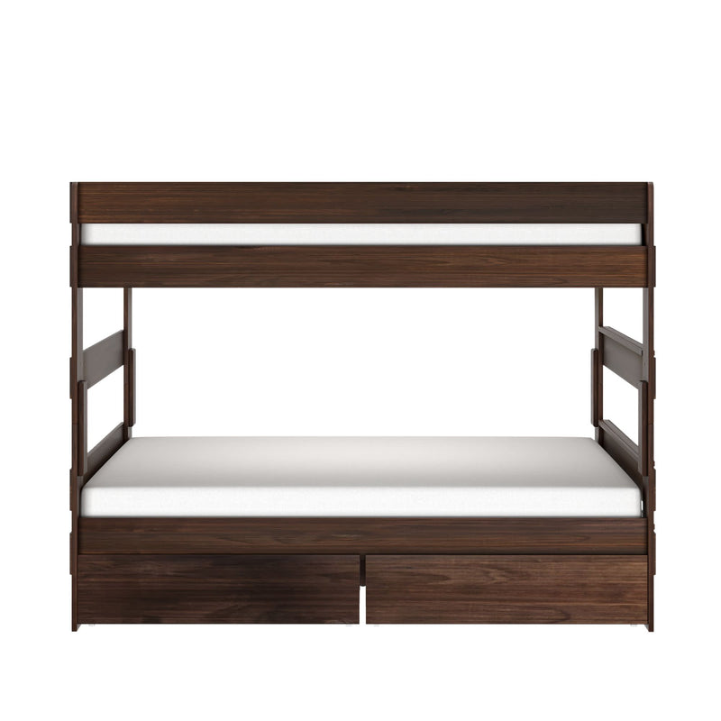 Dark walnut wooden bunk bed with two white mattresses and built-in under-bed storage drawers, modern space-saving bedroom furniture design.