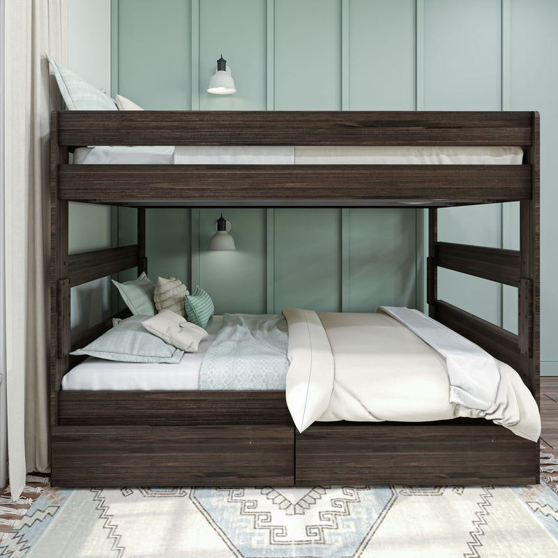 Dark wood bunk bed with cozy bedding in a modern bedroom setting.