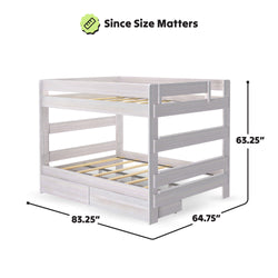 White wooden bunk bed dimensions showing width, height, and depth measurements.