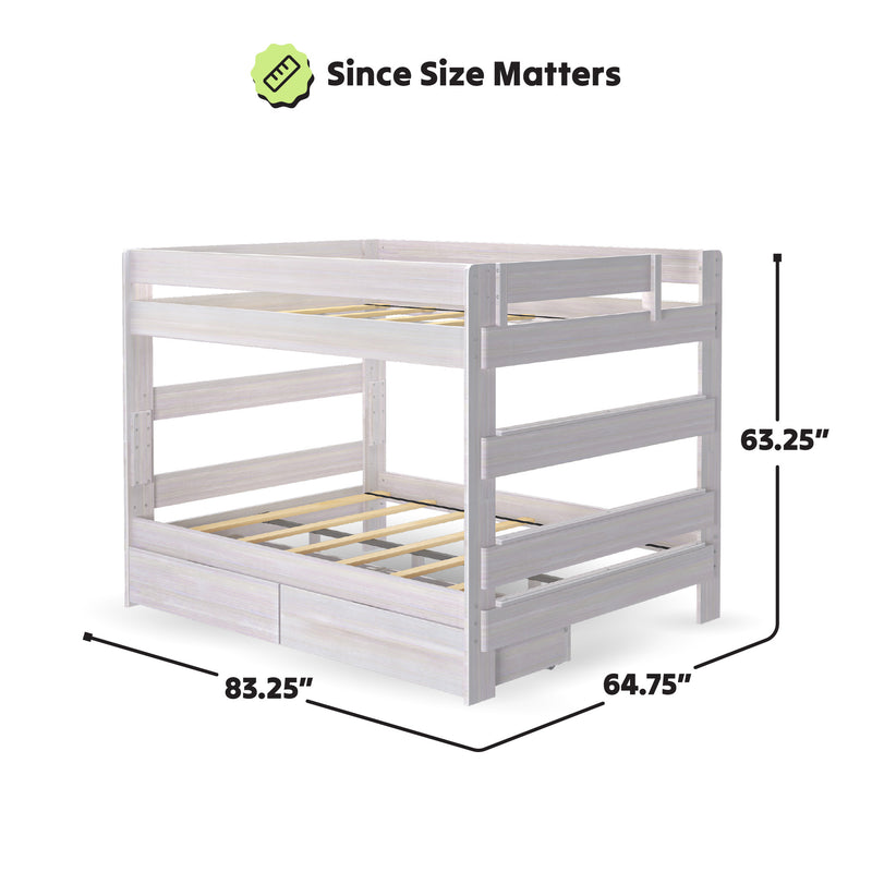 White wooden bunk bed dimensions showing width, height, and depth measurements.