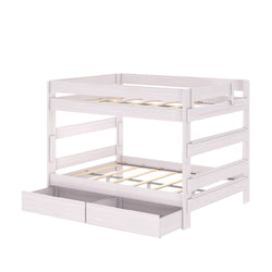 White wooden bunk bed with guardrails, slatted mattress supports and built-in under-bed storage drawers — space-saving kids' bedroom furniture