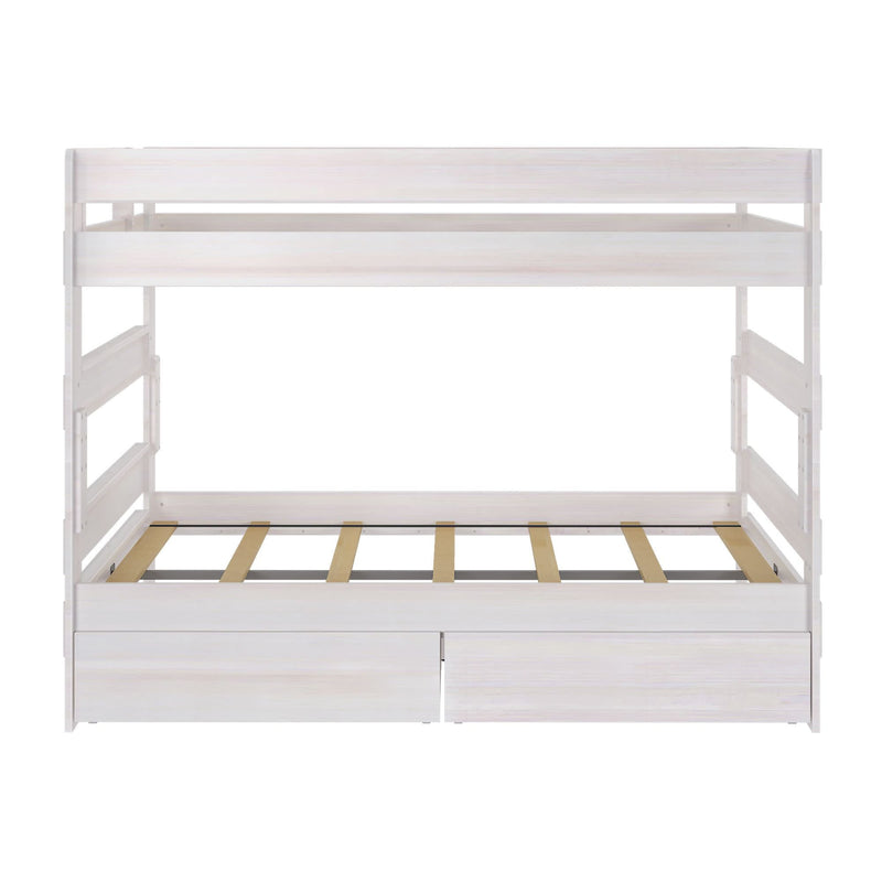 White wooden bunk bed with two drawers and slatted base.