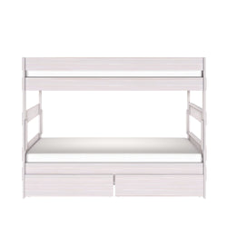 White wooden bunk bed with twin mattresses and two under-bed storage drawers, space-saving modern kids' bedroom furniture