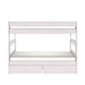 White wooden bunk bed with twin mattresses and two under-bed storage drawers, space-saving modern kids' bedroom furniture
