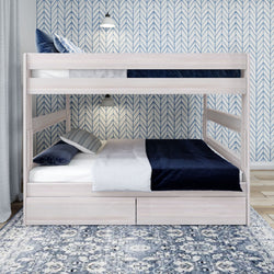 Stylish white wooden bunk bed with blue bedding in a modern bedroom with patterned wallpaper.