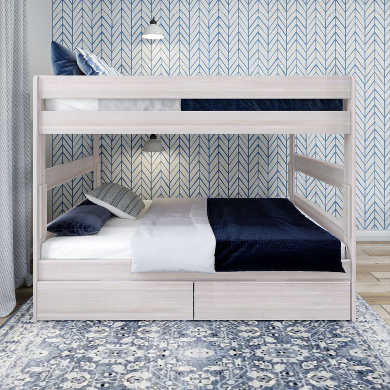 Stylish white wooden bunk bed with blue bedding in a modern bedroom with patterned wallpaper.