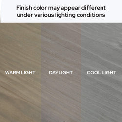 Comparison of wood finish color under warm, daylight, and cool lighting conditions.