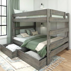 Gray wooden bunk bed with green bedding and pull-out storage drawers, in a modern bedroom with green curtains and natural light.