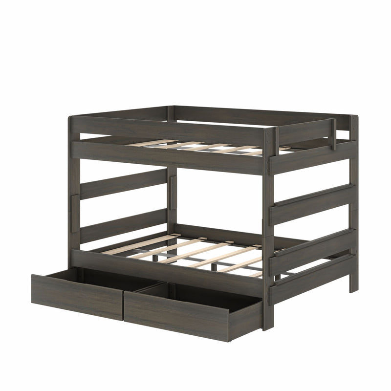 Dark gray wooden twin-over-twin bunk bed with slatted frames and two under-bed storage drawers — space-saving kids' bedroom bunk