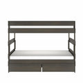 Dark wood bunk bed with under-bed storage drawers and guardrails, modern space-saving kids bedroom furniture