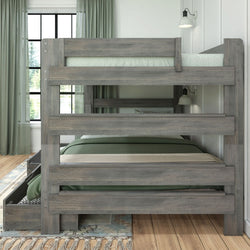 Rustic gray wooden bunk bed with earthy green bedding in cozy bedroom setting.