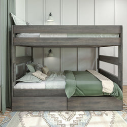 Rustic wooden bunk bed with green bedding in a modern bedroom setting.