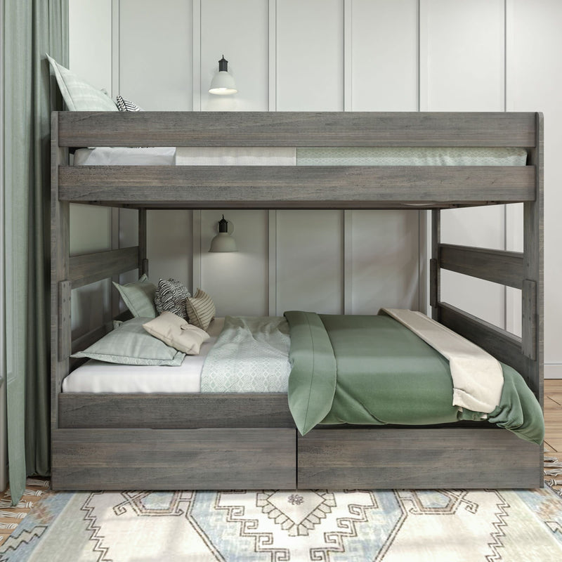Rustic wooden bunk bed with green bedding in a modern bedroom setting.