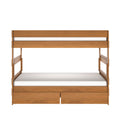 Natural oak twin-over-full bunk bed with two under-bed storage drawers, solid wood frame and white mattresses — modern kids' bedroom furniture