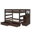 Dark walnut wooden bunk bed with built-in staircase and under-bed storage drawers, modern kids' bedroom furniture
