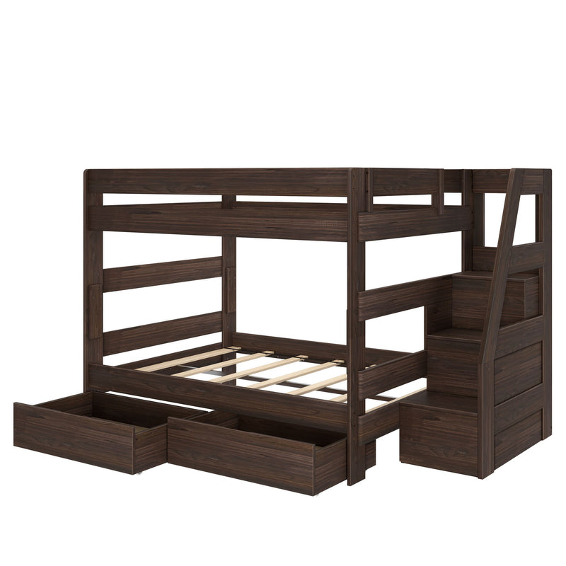 Dark walnut wooden bunk bed with built-in staircase and under-bed storage drawers, modern kids' bedroom furniture