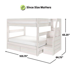 Whitewashed wood twin-over-full bunk bed with staircase storage drawers and under-bed drawers, 103.75 in L × 64.75 in W × 63.25 in H, modern farmhouse kids bunk for shared bedrooms