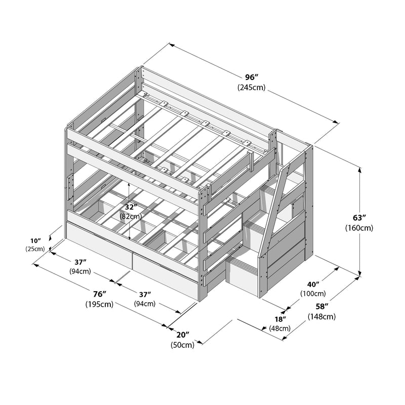 Twin-over-full wooden bunk bed with built-in staircase storage, under-bed drawers and slatted mattress supports with safety rails — space-saving kids’ bedroom loft design with overall dimensions 96 × 58 × 63 in (245 × 148 × 160 cm) and 76 in lower bed length (195 cm)