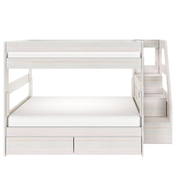 White wood twin-over-full bunk bed with staircase and under-bed storage drawers, space-saving modern kids loft bed
