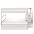 White wood twin-over-full bunk bed with staircase and under-bed storage drawers, space-saving modern kids loft bed