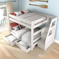 White wooden twin-over-twin bunk bed with space-saving built-in staircase and under-bed storage drawers in a coastal-style kids' bedroom with light blue walls, red accent pillows and a lake-view window