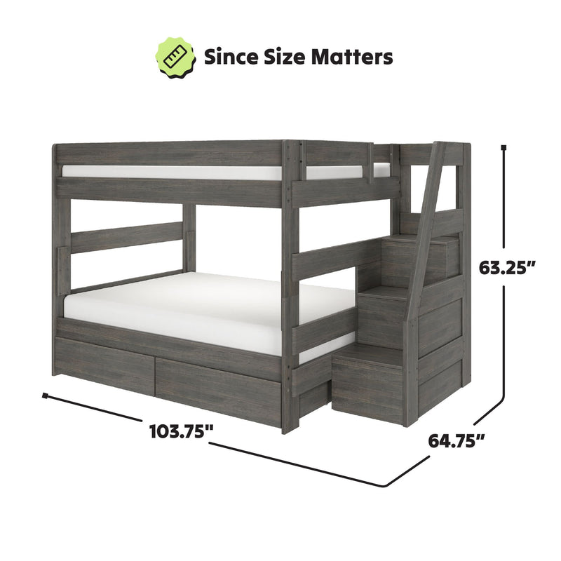 Gray wooden twin-over-full bunk bed with storage staircase, integrated under-bed drawers and guardrails, space-saving kids bedroom furniture — dimensions 103.75 in L x 64.75 in W x 63.25 in H, modern farmhouse finish