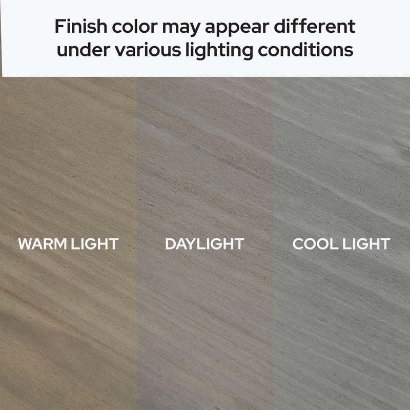 Wood finish color comparison: three panels labeled Warm Light, Daylight, Cool Light showing how a wood finish color changes under different lighting conditions
