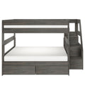 Gray wooden twin-over-full bunk bed with built-in staircase and under-bed storage drawers, safety rails and modern space-saving kids bedroom furniture