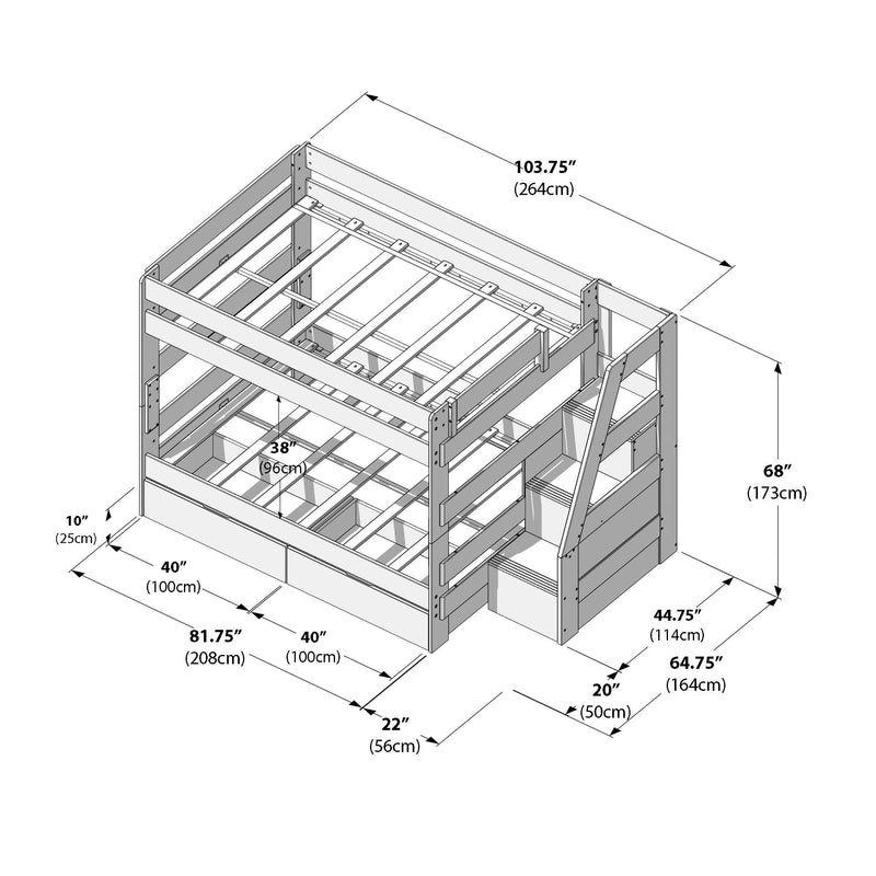 Dimensioned diagram of twin-over-full kids bunk bed with built-in staircase, storage steps and under-bed drawers, labeled measurements in inches and centimeters.