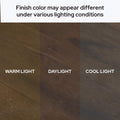 Dark walnut wood finish color comparison for flooring under warm light, daylight, and cool light showing how finish color may appear different under various lighting conditions