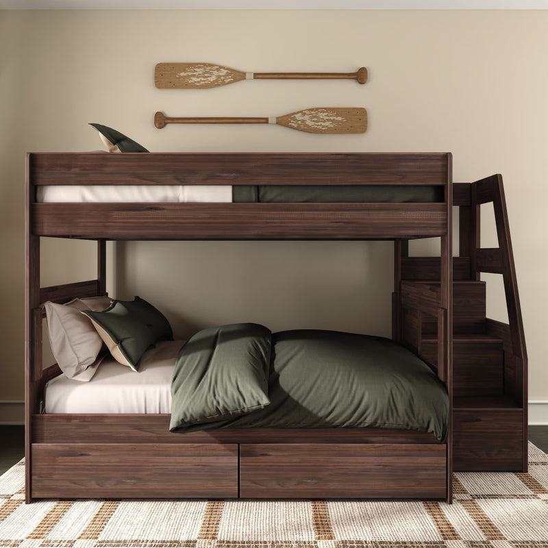 Dark wood bunk bed with staircase and built-in storage drawers, olive green bedding and pillows, nautical wooden oar wall decor in a modern neutral bedroom