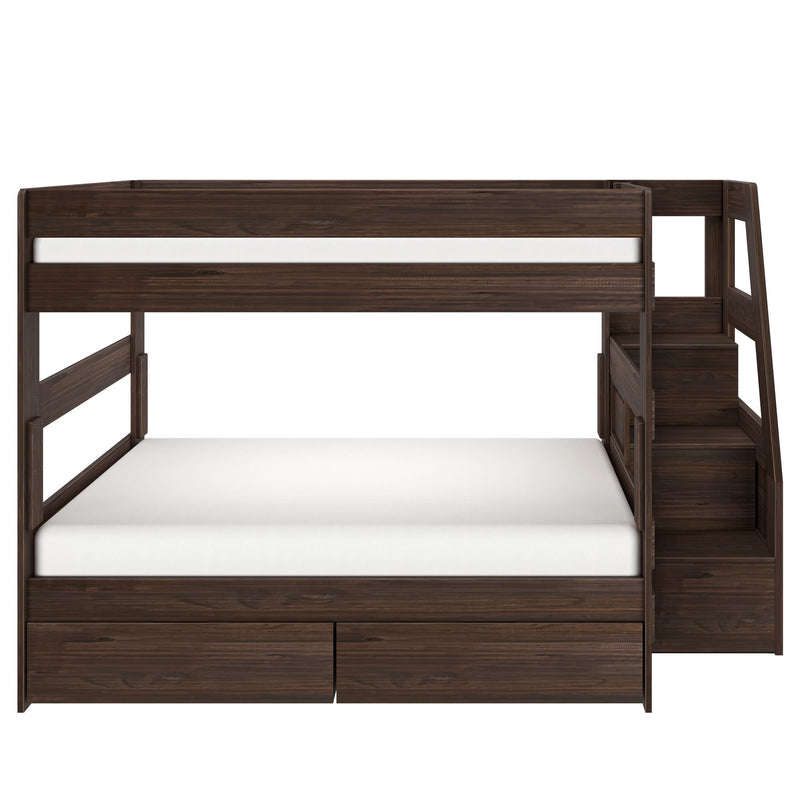 Dark walnut twin-over-full wooden bunk bed with built-in staircase, under-bed storage drawers, and modern space-saving kids bedroom furniture.