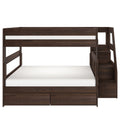 Dark walnut twin-over-full wooden bunk bed with built-in staircase, under-bed storage drawers, and modern space-saving kids bedroom furniture.