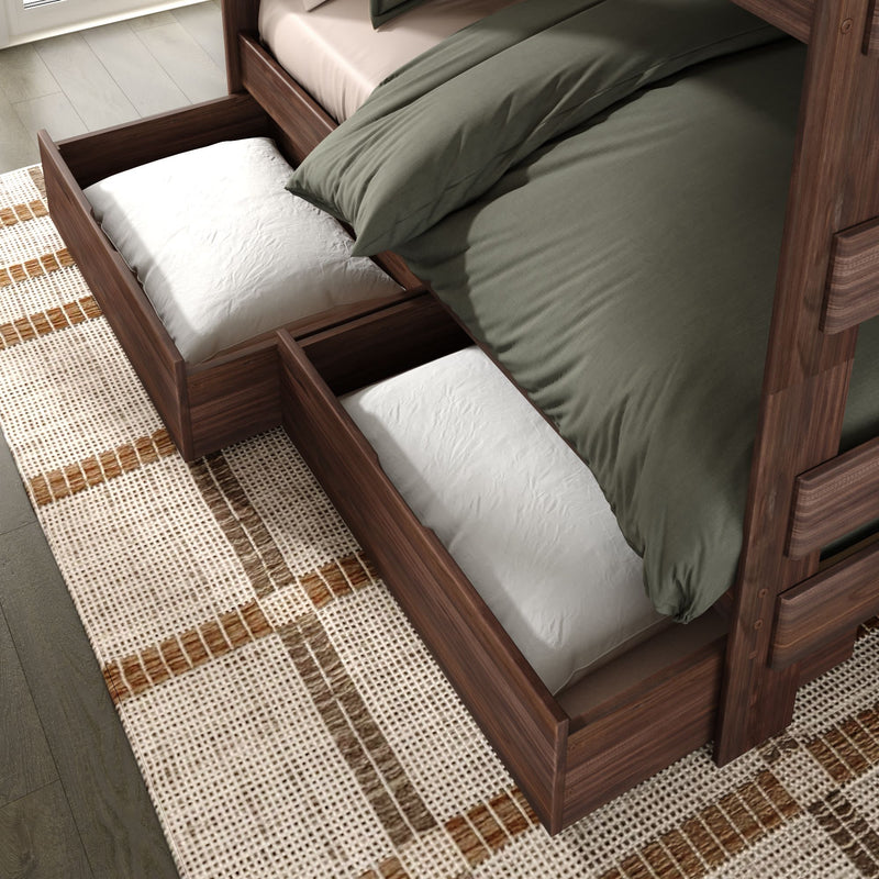 Solid wood bunk bed with green bedding and two under-bed storage drawers for space-saving bedroom organization