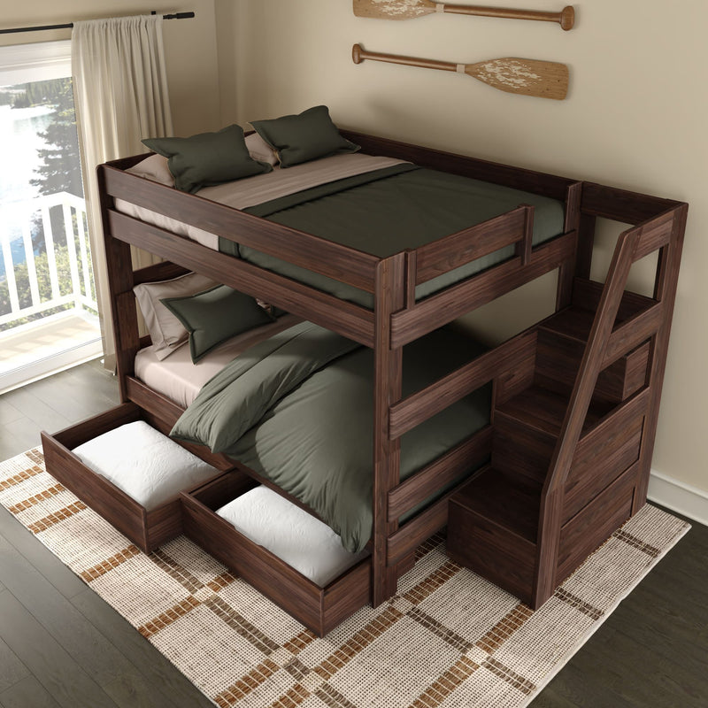 Dark walnut wooden bunk bed with built-in storage stairs and under-bed drawers, green bedding and pillows, rustic oar wall decor and sunlit balcony lake view in cozy bedroom