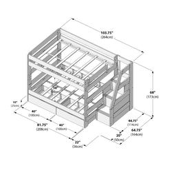 Isometric dimension diagram of a wooden twin-over-full bunk bed with staircase, built-in drawers and under-bed storage, labeled measurements in inches and centimeters (103.75 in / 264 cm length, 68 in / 173 cm height, 81.75 in / 208 cm depth).