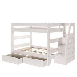 White wooden bunk bed with built-in staircase storage and under-bed pull-out drawers for space-saving kids' bedroom