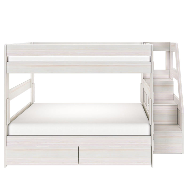White wooden bunk bed with built-in staircase and under-bed storage drawers, modern kids' bedroom furniture